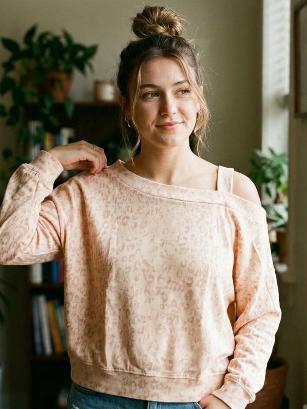 Hippie Rose Blush Leopard Off-Shoulder Sweater